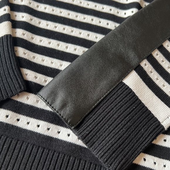 PER SE SWEATER L STRIPED VEGAN LEATHER DETAIL EYELET CASUAL OFFICE PREP - Picture 8 of 13